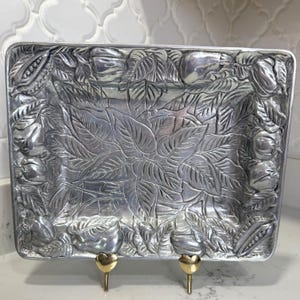 Vintage Handcrafted Pewter Leaf & Fruit Embossed Rectangular Tray Made In Taiwan