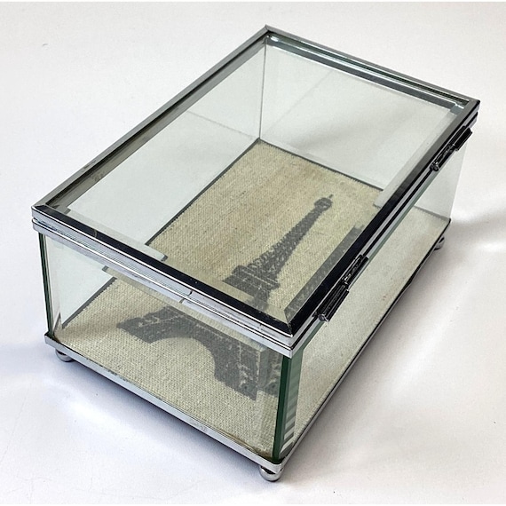 Glass Jewelry Trinket Box Eiffel Tower Print & Si… - image 1