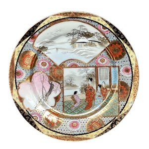 8.5&quot; Vintage Hand-Painted Japanese Porcelain Decorative Plate Scenic & Geisha Artwork