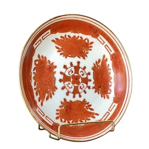 Antique Japanese Porcelain Shallow Bowl Plate Orange Floral Gold Honk Kong 7.5&quot;