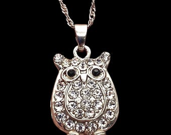 19" Necklace Silver-Tone Owl Pendant With Rhinestones