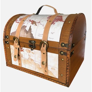 Wood Chest Trunk Storage Box World Map Design faux Leather Straps Home Decor Vintage