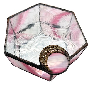 Stained Glass Hexagonal Hinged Trinket Box With Lid Pink & Clear Handmade