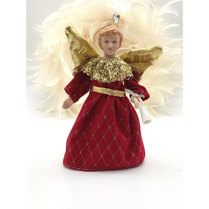 Vintage Lighted 5.5&quot; Christmas Angel Ornaments Ornament Maroon Velvet Gold Trim Tree Top
