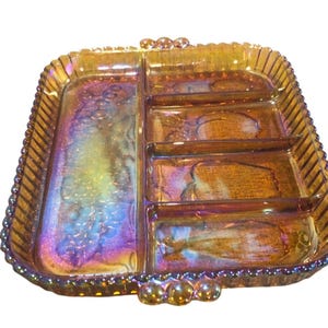 Iridescent Amber Carnival Glass  Serving Dish Platter Bowl Vegetable Fruit Snack 12&quot; Collectible