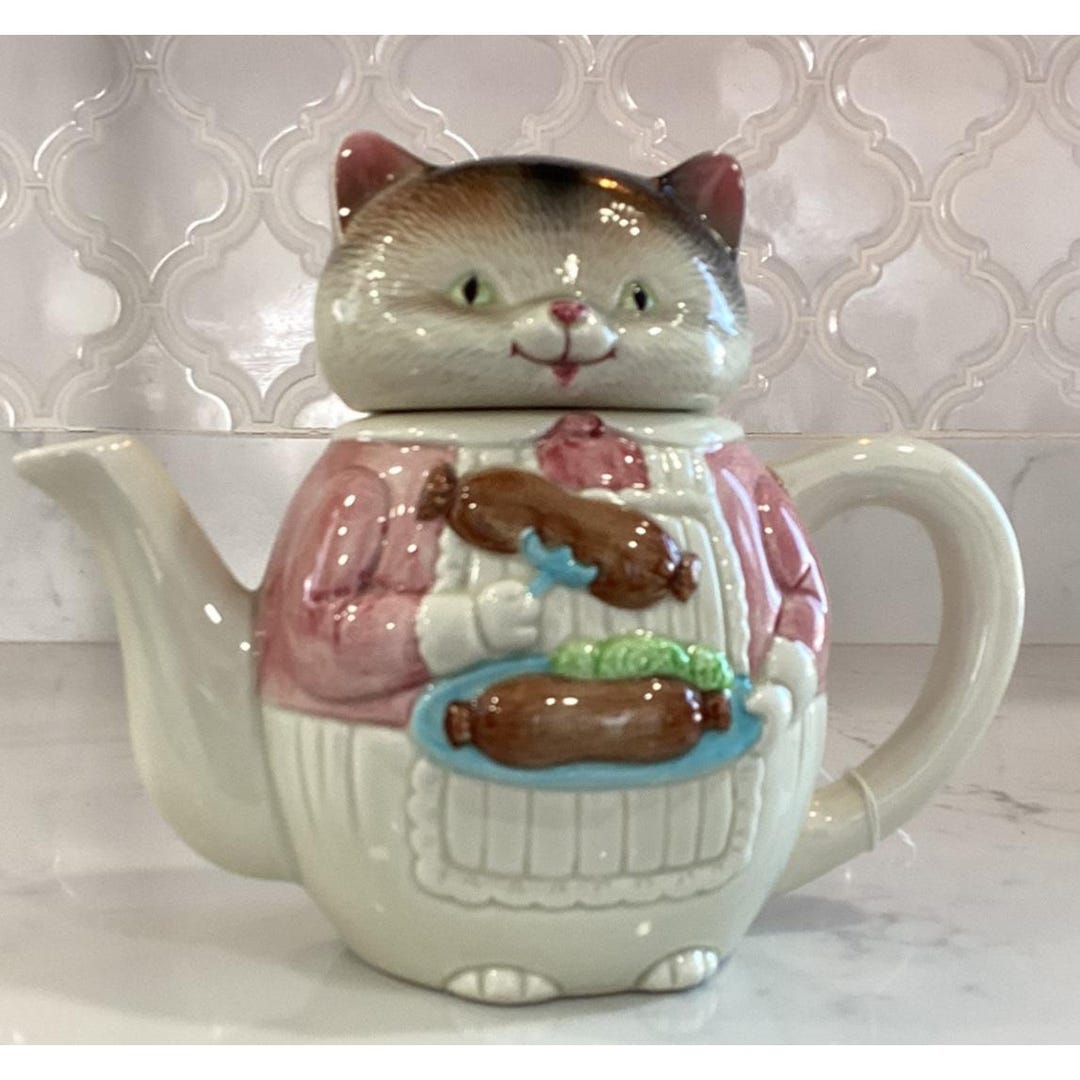 Vintage 80's Teapot Ron Gordon Ceramic Cat Eating Sausage, Cat