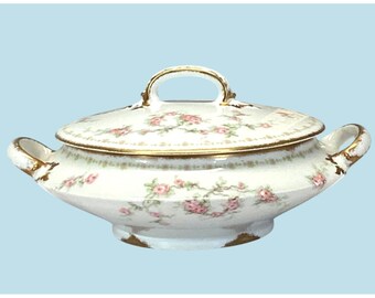 Antique Old Abbey Limoges Serving Dish Platter Bowl Vegetable From 1908 Roses Gold