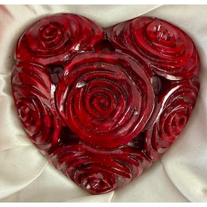Vintage Soapstone Heart Roses Deep Red Paperweight Heavy Desk Endtable Decor Gift