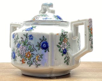 Vintage Sugar Bowl Trico Nagoya Japan Floral Luster Sugar Bowl Lid Blue Flowers 1940's