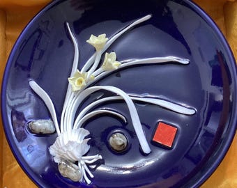 3D Chinese 6" Handcrafted Ceramic Blue Plate With Floral Design Rare