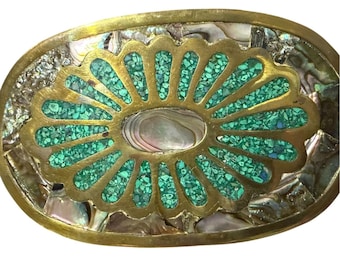 Vintage Oval Brass Belt Buckle With Abalone Shell & Turquoise Inlay Unique Design