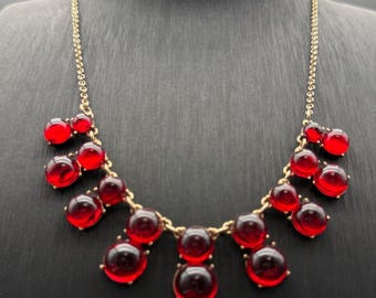Crown Trifari Gold Tone Necklace Cherry Ruby Color Red Cabochons 18" Rare Classy