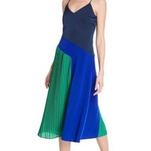 Pleated Elegant Dress Cushnie Spaghetti Straps Crossover Back Size 8 Blue Green