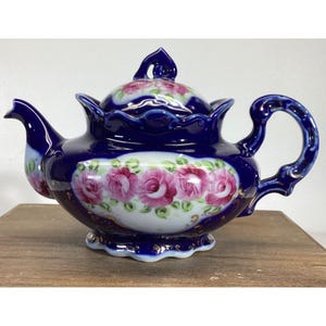 Teapot Vintage Cobalt Blue Porcelain With Hand-Painted Pink Roses & Gold Accents