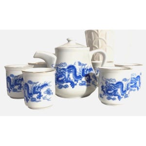 Vintage Jeou Ta Blue & White Porcelain Dragon Tea Set With Gold Rim