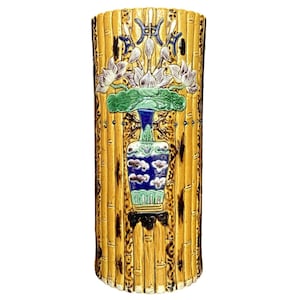 Bamboo Vase Antique Yellow Chinese Floral Motif Late 19th Century Hand-Painted Accent Decor Collectible