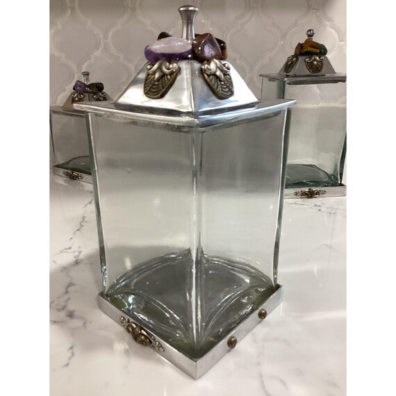 Ann Cichon Dallas Jar Storage Decor Glass Canister Pewter Gemstone
