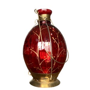 Vintage Red Glass Lantern Gold Metal Accents Hand Painted Vine Design Votive