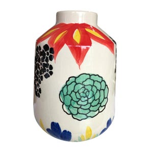 Hand-Painted Ceramic Vase With Floral & Succulent Designs Multicolor 7" Tall Decorative Home Accent