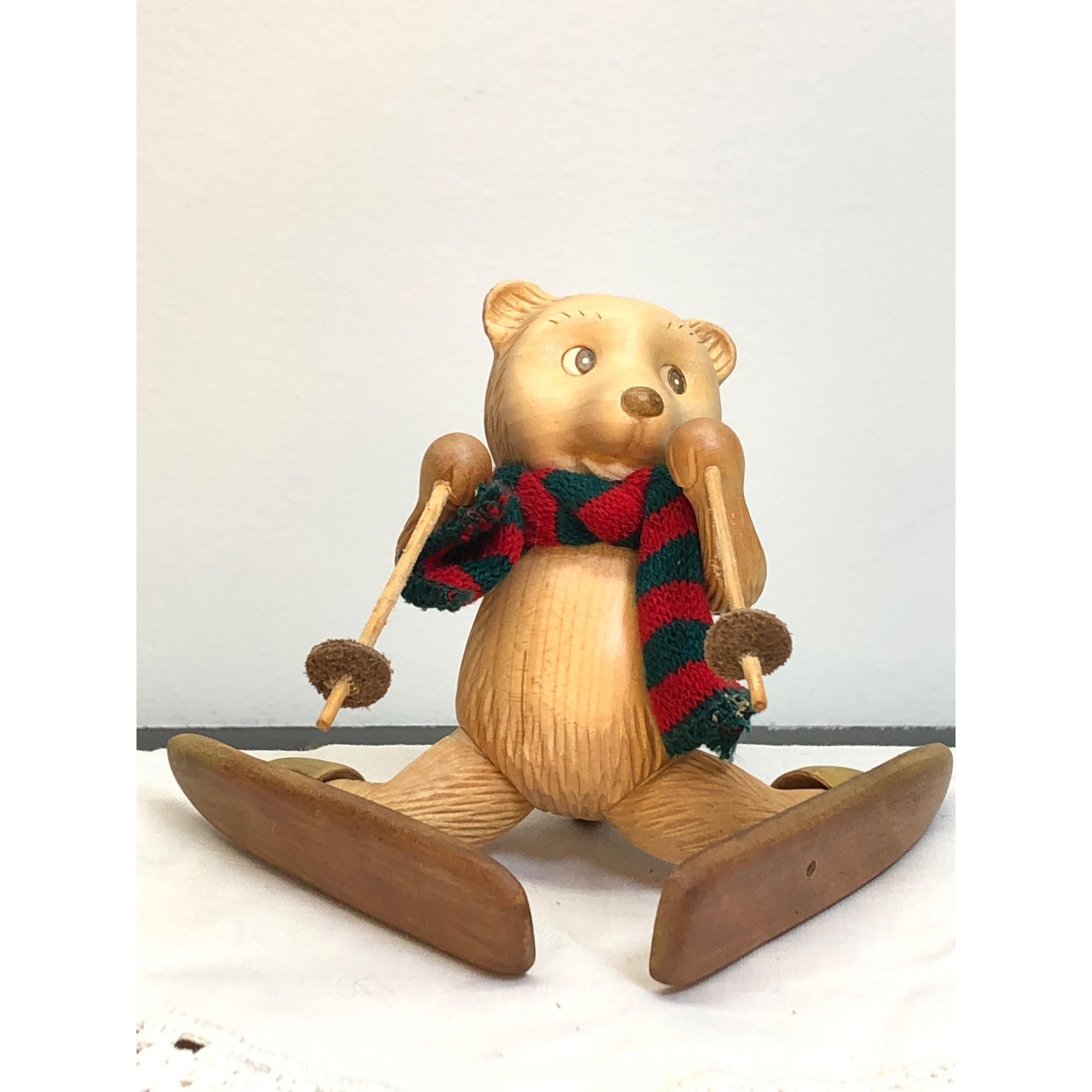 Robert Raikes テディベア krank marcelloアンティーク Robert Raikes Series Wooden Skiing Bear With Red & Green Knit
