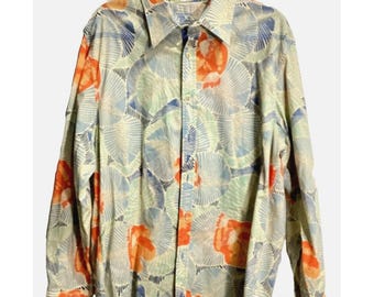 Tommy Bahama Denim Mens XL Hawaiian Floral Shirt Orange Green Botton Vintage