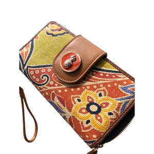 Colorful Paisley Canvas & Faux Leather Wallet Handbag Pineapple Accent