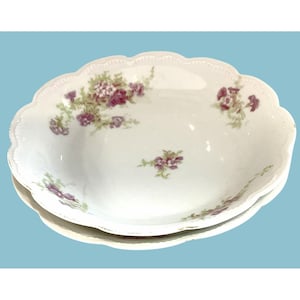 Antique Limoges French Soup Bowls Pink Green Fine Porcelain 6&quot; Floral Set 2
