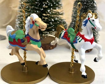 1989 Carousel Horse Horses Christmas Ornament Hallmark Set of 2