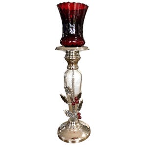 14.5&quot; Glass & Chrome Candle Holder With Red Holly Berry Details And Ruby Red Glass Shade