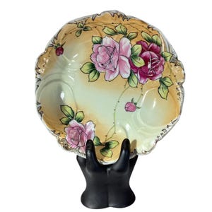 Antique Hand-Painted Nippon Floral Porcelain Bowl Pink Roses Scalloped Edges