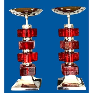 Red & Silver Spike Candle Holders Glass Accents Metal Base Vintage Pillar 10&#39;&#39;
