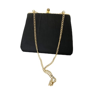 Vintage Black Satin Evening Clutch Purse With Gold Chain Strap & Kiss Lock Closure