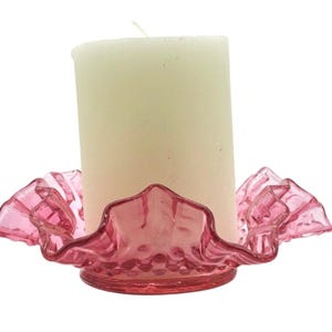 Fenton Hobnail Pink Cranberry Vanity Candy Dish Candle Holder Crimped Ruffled