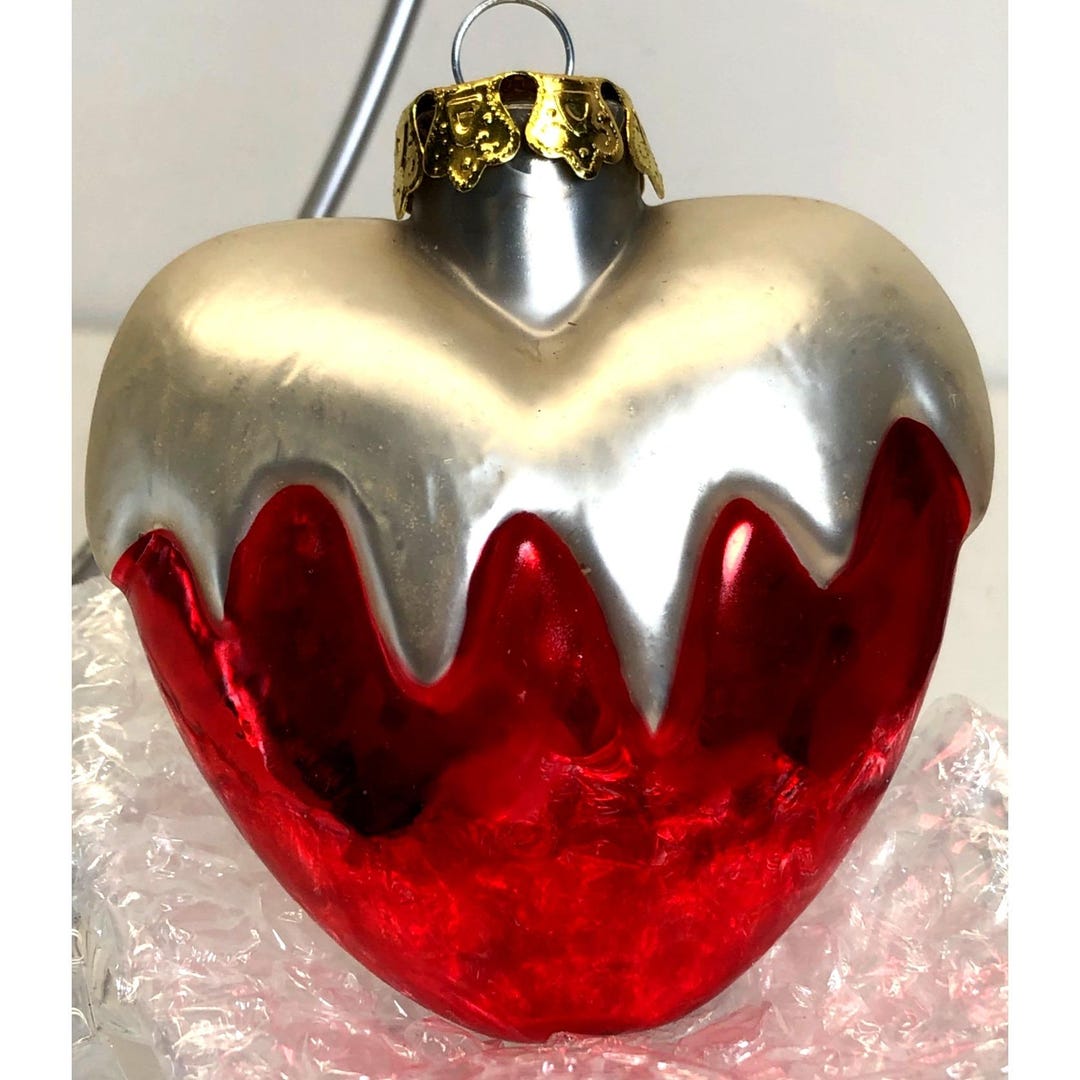 Vintage 3" Red & Silver Heart Ornament Blown Glass Gold Cap Replacement ...
