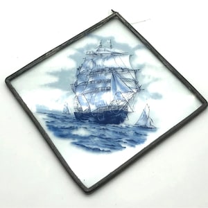 Antique Glass Nautical Sun Catcher Ship Decal Panel Blue Sailing Wall Decor 5&quot;
