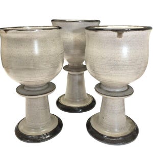 Set Of 3 Vintage Stoneware Wine Goblets With Pedestal Signed Drinking Juice Tumblers