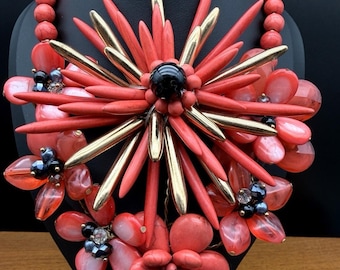 Bold Coral Gold Vintage Handmade Floral Statement Necklace Wired Beads & Lucite