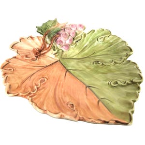 GBC Trinket Dish Tray Majolica Italian Leaf-Shaped Ceramic Grape Detail