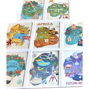 Set Of 8 Disney Park Map Posters 11x14 Mickey Mouse Toy Story Pixar Collectible