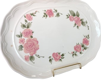 Vtg Gibson Oval Serving Platter Vanity Tray Roseland 13&quot; Pink Roses Large