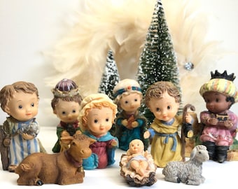 Vintage Baby Nativity Figurine Set With Detailed Features & Soft Colors Resin