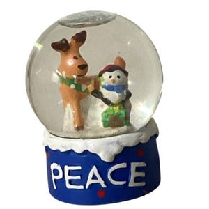 Snow Globe Small Reindeer & Snowman Blue Base With &quot;Peace&quot;