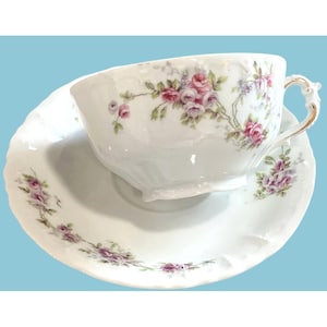 Antique Limoges France Tea Cups Saucers Pink Roses Fine Porcelain Teacup 6 Sets