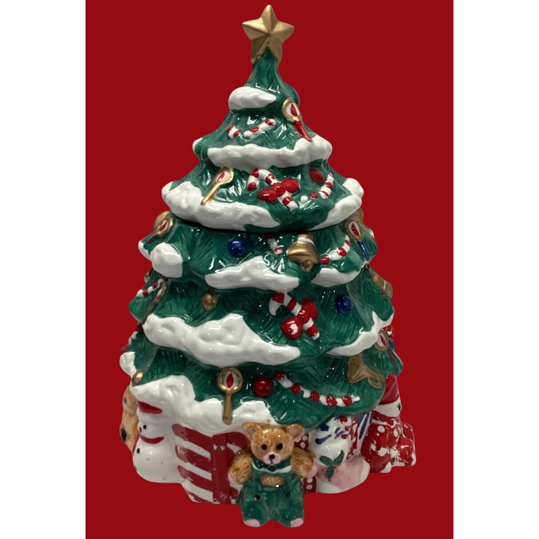 Cookie Jar Canister Ceramic Christmas Tree and Teddy Hand-Painted Kitchen Decor 12"