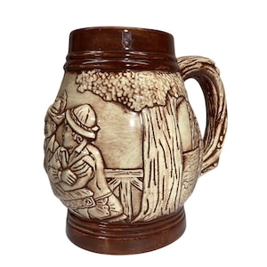 Vintage Handmade Ceramic Beer Mug Stein Three Men Drinking Scene 1978 Rustic Brown & Beige