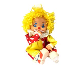 Vintage Russ Clown Doll With Plastic Head In Red & Yellow Polka Dot Outfit Plush Toy