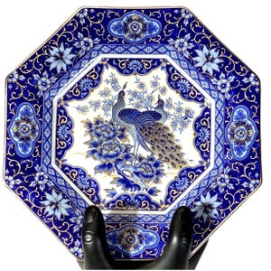 VNTG Arnart Imperial Peacock Porcelain Plate Trinket Blue Gold Collectible  7”