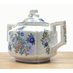 Sugar Bowl Trico Nagoya Japan Floral Luster Sugar Bowl Lid Blue Flowers 1940&#39;s