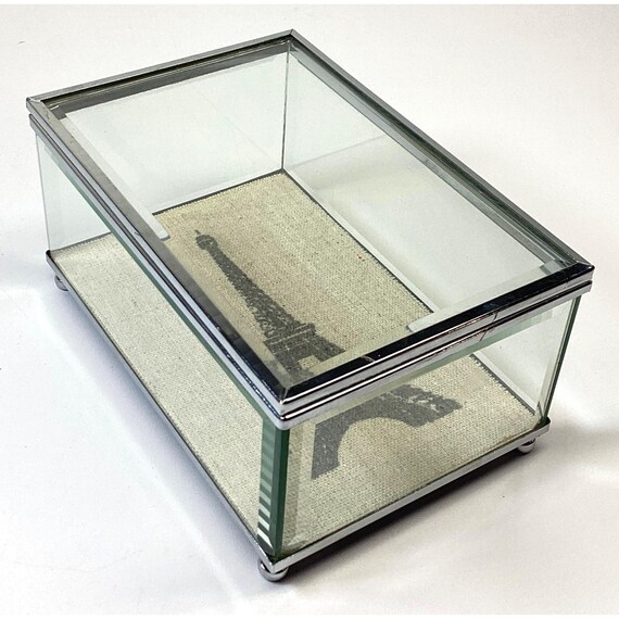Glass Jewelry Trinket Box Eiffel Tower Print & Si… - image 2