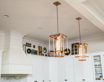 Pendant Lighting - Rustic Minimalist - Copper or Brass - Modern Geometric Light Fixture - Exposed Edison Bulb - Farmhouse Decor